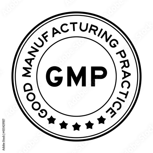 Black color GMP Good manufacturing practice round label stamp on white background