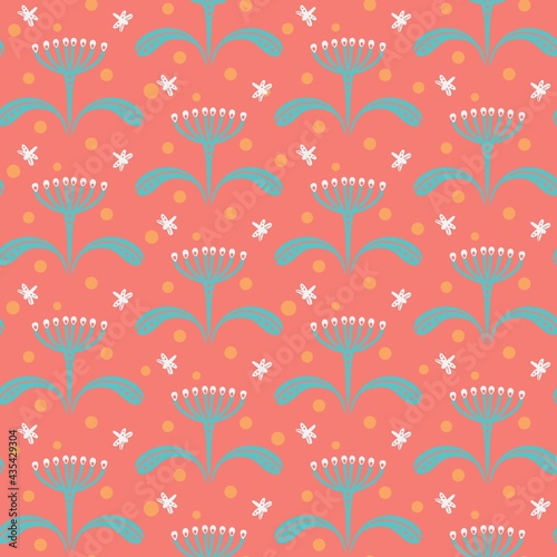 seamless summer pattern of meadow flowers with umbrella inflorescences and moths on red background