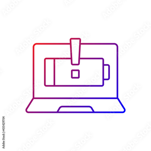 Computer does not charge gradient linear vector icon. Broken notebook battery. Electricity supply issue. Repair service. Thin line color symbol. Modern style pictogram. Vector isolated outline drawing