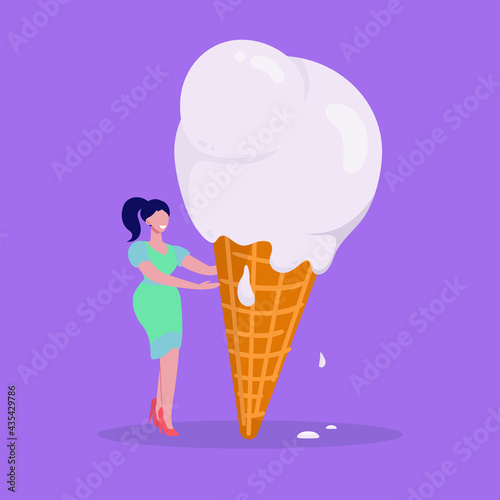 Giant melting ice cream balls in waffle cone. Tiny woman holding and enjoying tasty vanilla ice cream. Summer. Colorful vector illustration. Cartoon style. Purple background.