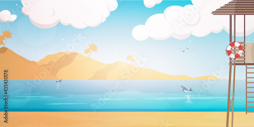 Beach with a rescue post. Summer illustration in cartoon style. Vector.