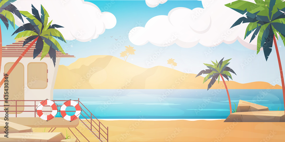 Obraz premium Beach with a rescue post. Summer island illustration in cartoon style.