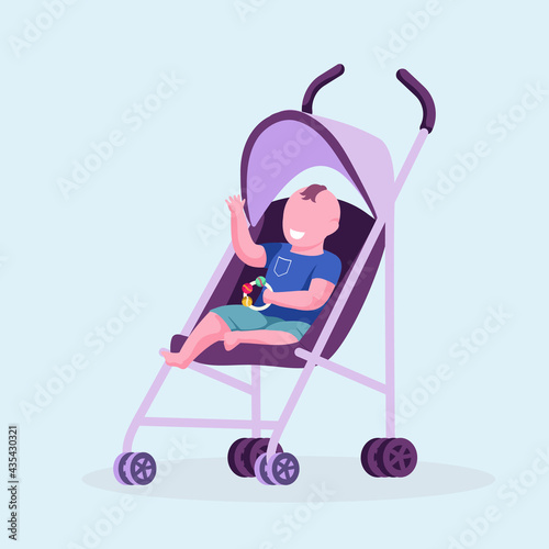 Сute baby sitting in lightweight stroller convenient for traveling. Infant holding toy in cane stroller. Colorful vector illustration. Cartoon style