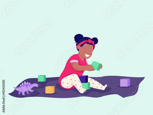 Cute baby playing with toy cubes on blanket. Happy toddler building blocks on carpet, floor. Smiling girl spending time in nursery.Colorful vector illustration. Cartoon style