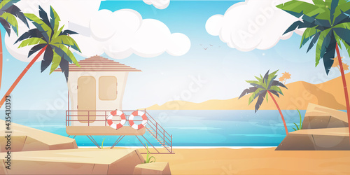 Beach with lifeguard post in cartoon style. Vector.