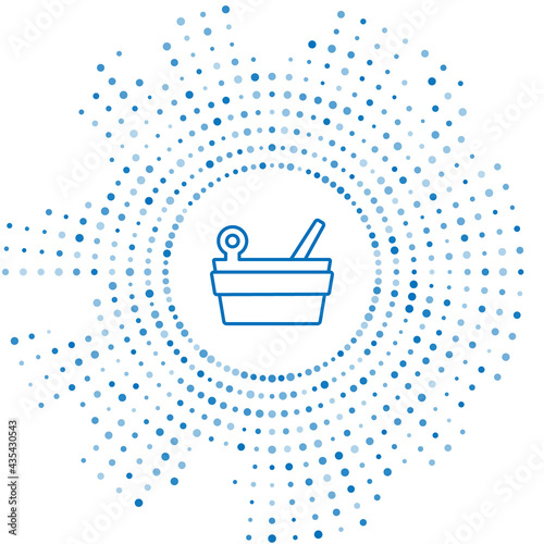 Blue line Sauna bucket and ladle icon isolated on white background. Abstract circle random dots. Vector