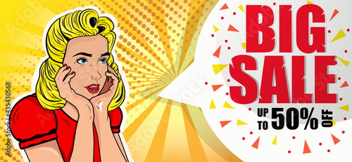 Sale up to 50% off. Discounts. Surprised girl in pop art style. Retro picture. Limited offer. Pop art background. Vector. Illustration.