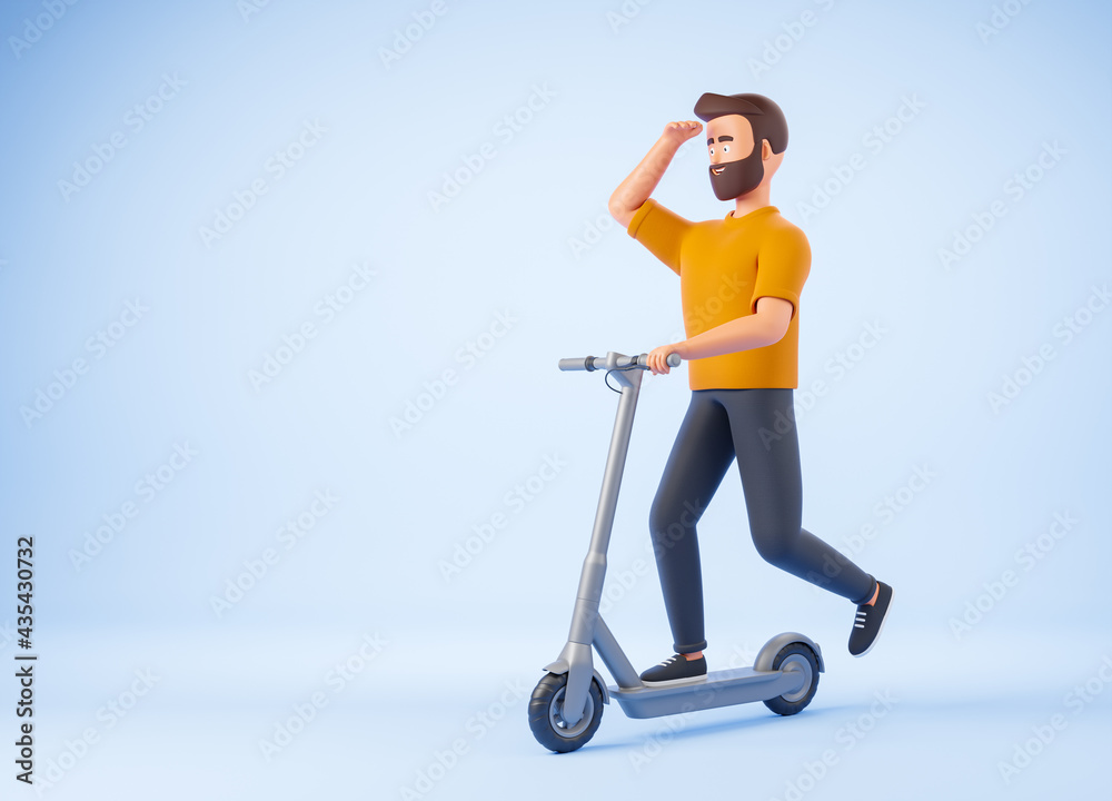 Happy cartoon beard character man in yellow t-shirt ride electric kick scooter over blue background. Eco friendly urban city transport concept. Happy cartoon beard character man in yellow t-shirt ride electric kick scooter over blue background. Eco friendly urban city transport concept.
