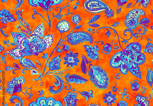 Paisley watercolor floral pattern tile with flowers, flores, tulips, leaves. Oriental traditional hand painted water color whimsical seamless print for ceramic design. Abstract indian batik background