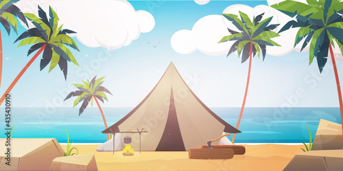 Camping tent at beach landscape design of camp adventure lifestyle and travel theme Vector illustration