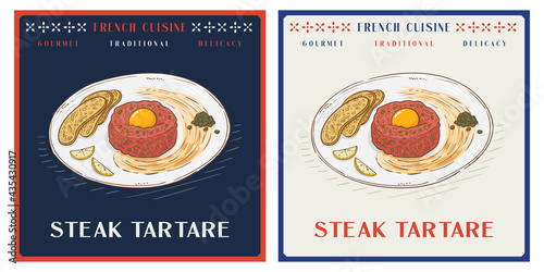 Beef steak tartare with raw egg yolk and toast illustration for menu