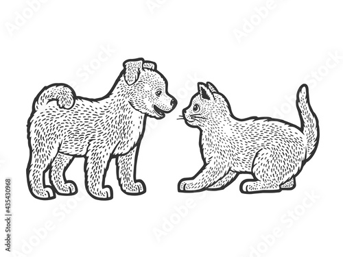 puppy and kitten line art sketch engraving vector illustration. T-shirt apparel print design. Scratch board imitation. Black and white hand drawn image.