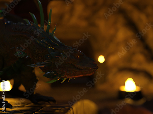 Fotografija Illustration of a dragon on a stone bridge looking forward into the distance with head down in a cavern by firelight