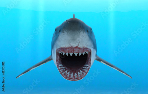 Illustration of a great white shark with jaws open in attack mode swimming through blue ocean water.
