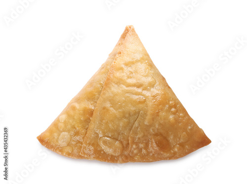 Fresh delicious crispy samosa isolated on white, top view photo