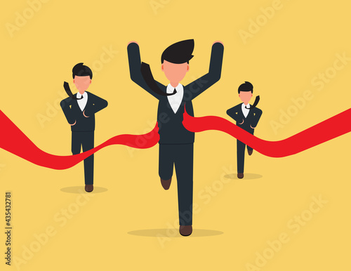 Business man crossing finishing first in. Winner competition concept