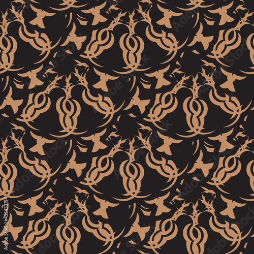 Black-orange seamless pattern with vintage ornaments. Good for backgrounds, prints, apparel and textiles. Vector illustration.