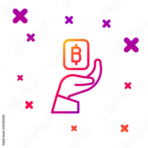 Color line Hand holding Bitcoin icon isolated on white background. Blockchain technology, digital money market, cryptocoin wallet. Gradient random dynamic shapes. Vector