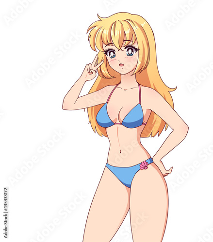 Happy anime manga girl with blonde hair