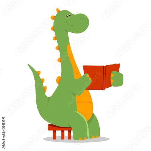 Cute dinosaur read book vector cartoon illustration isolated on a white background.