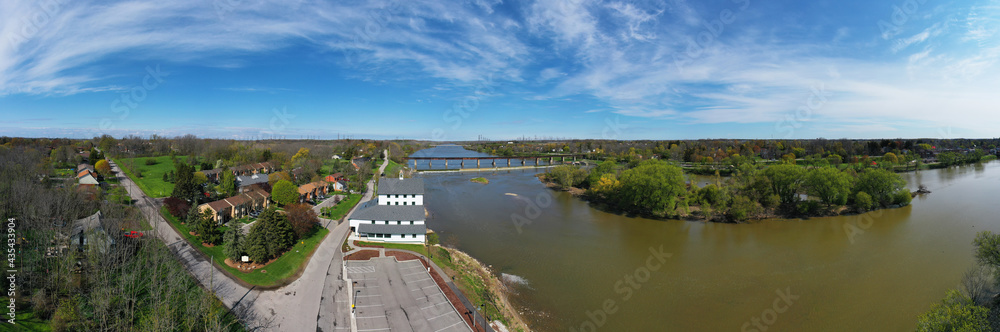 Aerial panorama of Caledonia, Ontario, Canada along the Grand River