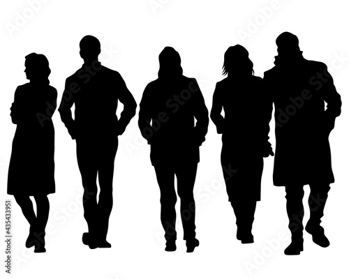 Man and women walking on street. Isolated silhouette on a white background