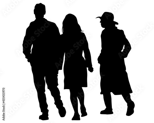 Man and women walking on street. Isolated silhouette on a white background