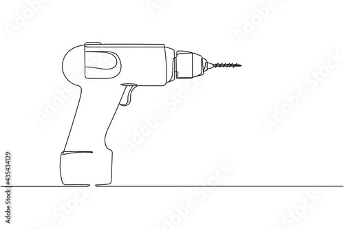 Continuous one line of power drill tool electric equipment in silhouette. Linear stylized.Minimalist.