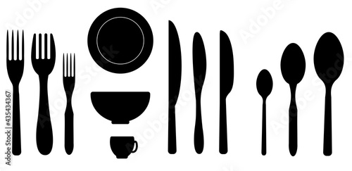 Fork, spoon, knife, plate, cup. Set of cutlery icons, kitchen utensils for the reception of the table setting record. Logo for cafes, restaurants. Vector flat illustration. 