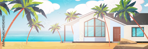 A hotel on a blue, clean and calm sea. Villa on a sandy beach with palm trees. Summer vacation concept. Vector illustration.