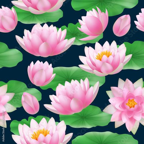 Lotus seamless pattern. Colored tropical nature flowers lotus buds with leaves decent vector realistic background