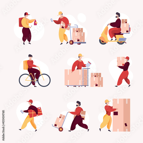 Deliver workers. Delivery services warehouse guy packing movers postman with boxes safety containers garish vector illustrations flat style
