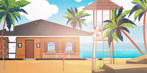 A hotel on a blue, clean and calm sea. Villa on a sandy beach with palm trees. Vector illustration.