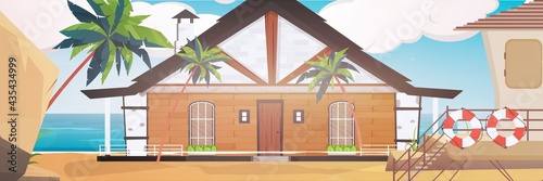 A hotel on a blue, clean and calm sea. Villa on a sandy beach with palm trees. Vector illustration. Cartoon style.