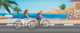 Man and Woman Cycling in Tropical Sand Beach. Young People Friend Riding Bicycle. Children Playing Ball on other Bay Side. Vacation on Exotic Resort. Outdoor Sport and Recreation. Vector Illustration