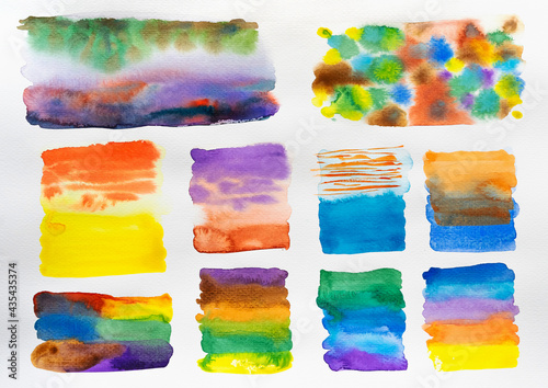 Abstract watercolor hand painted background. Set of multicolored watercolor brush collection.