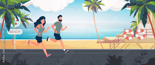 Side view illustration of young couple running together on the beach