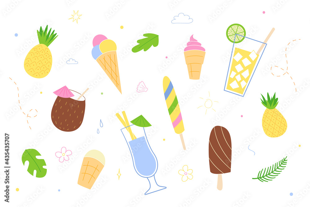 A set of various ice creams and cocktails.Isolated drawings in the style of doodle on a white background.
