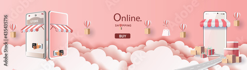 Online delivery service home office  Warehouse,cartoon paper art on mobile. Vector illustration.shopping online