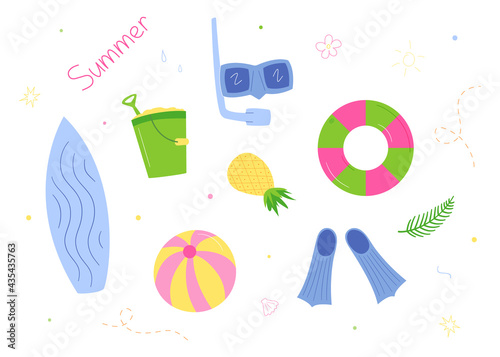 Set for relaxing on the beach. Surfboard and snorkeling paraphernalia, bouncy ball and float, bucket with shovel and sand.Isolated drawings in the style of doodle on a white background.