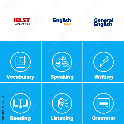 English class icon set. Reading, Speaking, Writing, Listening, Grammar, Vocabulary icons. Download it now