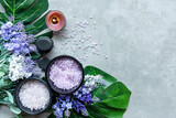 Spa beauty massage health wellness.  Spa Thai therapy treatment aromatherapy for body woman with lavender flower nature candle for relax and summer on blackboard. Top view and Copy space