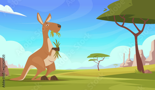 Kangaroo background. Cartoon australian landscape with wildlife animals kangooroo plants and rocks exact vector illustrations