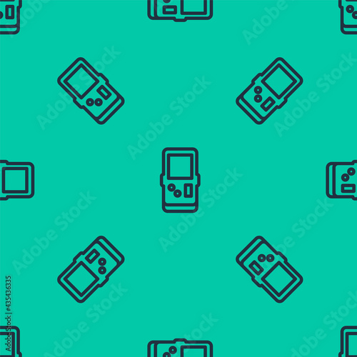 Blue line Portable tetris electronic game icon isolated seamless pattern on green background. Vintage style pocket brick game. Interactive playing device. Vector