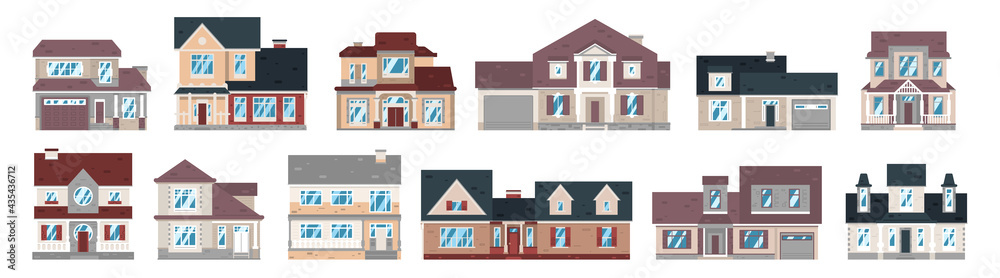 Set of residential buildings. Collection of exteriors of cottages, townhouses, apartments, roofs, facades, windows, garage, mansions. Vector illustration isolated on white background