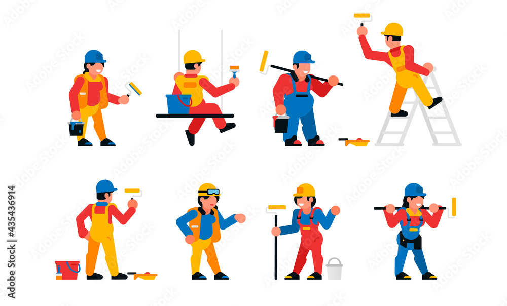 Painters workers set. Men and women are painters. Finishing works, wall painting, plastering, repair. Vector illustration isolated on white background