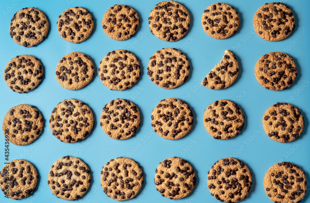 Chocolate sweet cookies background over blue background. Chocolate sweet cookies background over blue background.