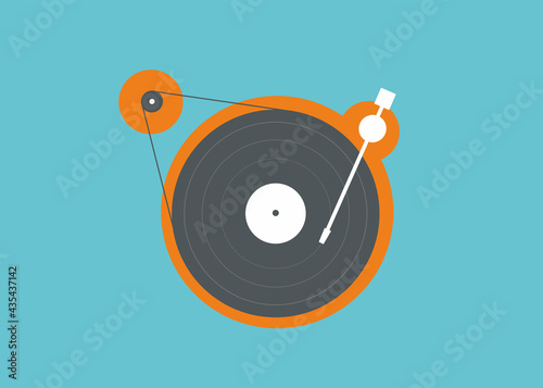Turntable vinyl record on colored background. Old school vinyl music player. Nostalgia. Analogue retro electronics. LP. 60s, 70, 80s vintage musical device. Colorful flat isolated vector illustration
