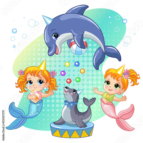 Mermaids, seal and dolphin show a circus performance cartoon vector illustration
