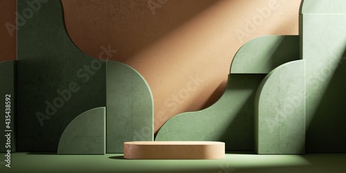 3d render, modern minimal showcase with empty podium and abstract green geometric shapes isolated on terracotta background and illuminated with sunlight rays photo